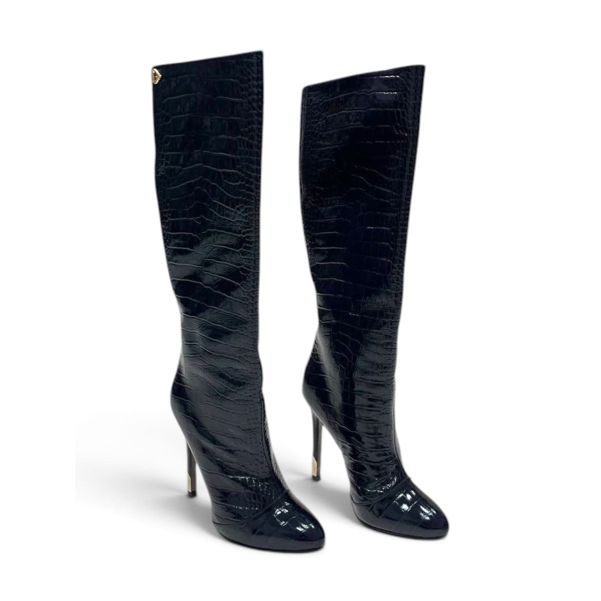 Versace Croc Embossed Patent Leather High Heel Boots