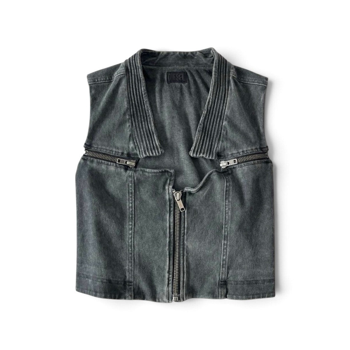 Diesel Washed Denim Biker Vest Grey / Black