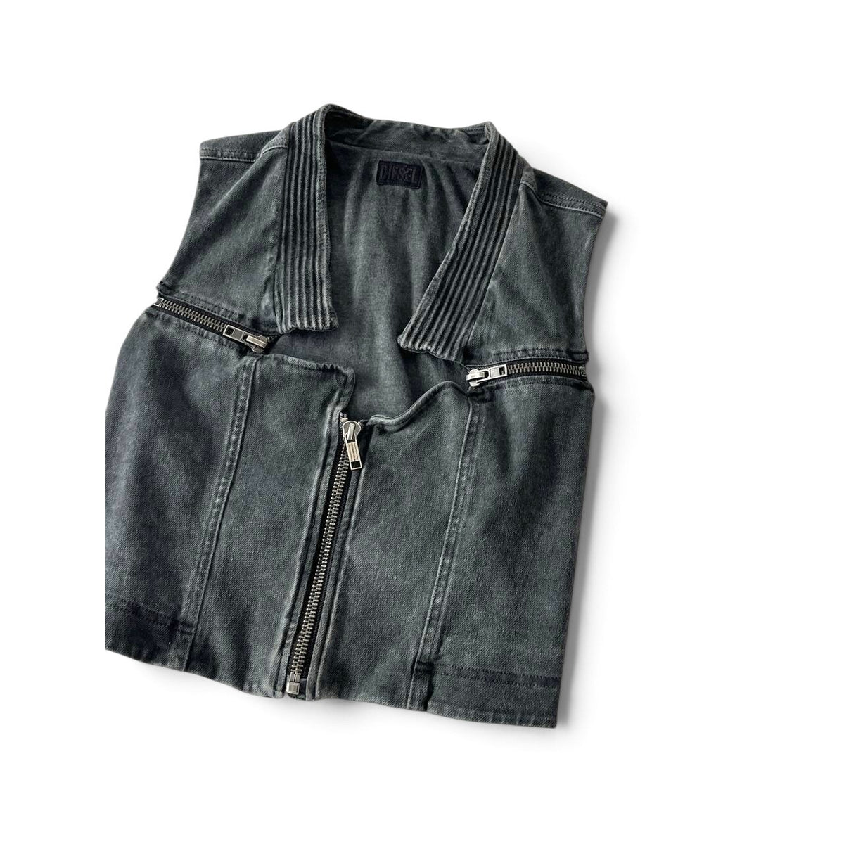 Diesel Washed Denim Biker Vest Grey / Black