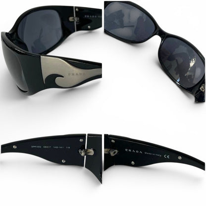 Prada Flame Wraparound Black Silver Sunglasses