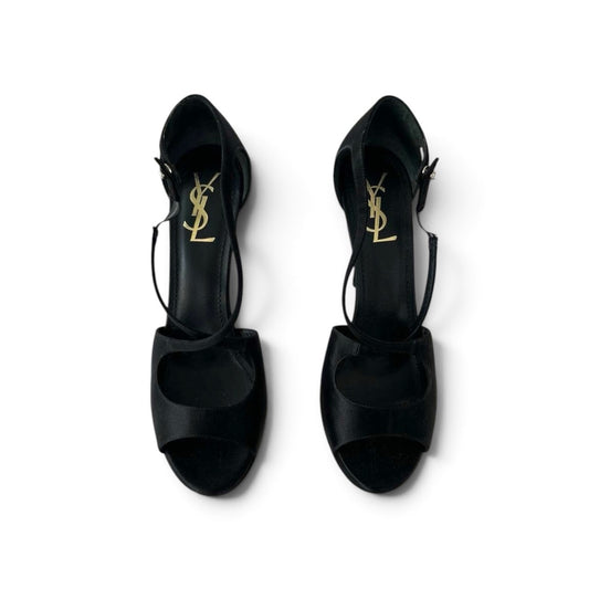 Saint Laurent YSL Tribute Satin Platform Sandals Ankle Strap Heels