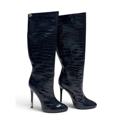 Versace Croc Embossed Patent Leather High Heel Boots