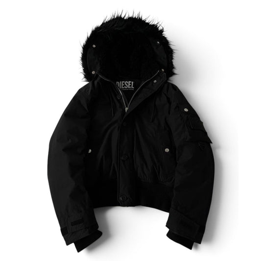 Diesel Black Fur Hood Black Bomber Jacket