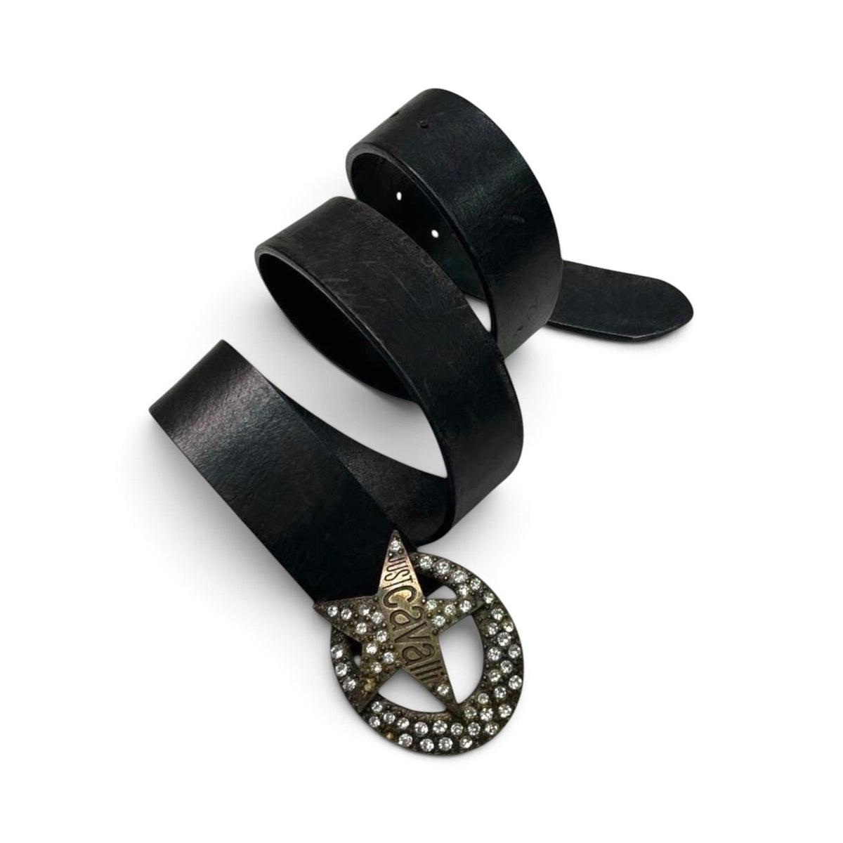 Just Cavalli Vintage Black Leather Rhinestone Star Buckle Belt