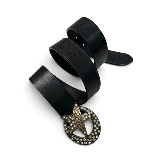 Just Cavalli Vintage Black Leather Rhinestone Star Buckle Belt