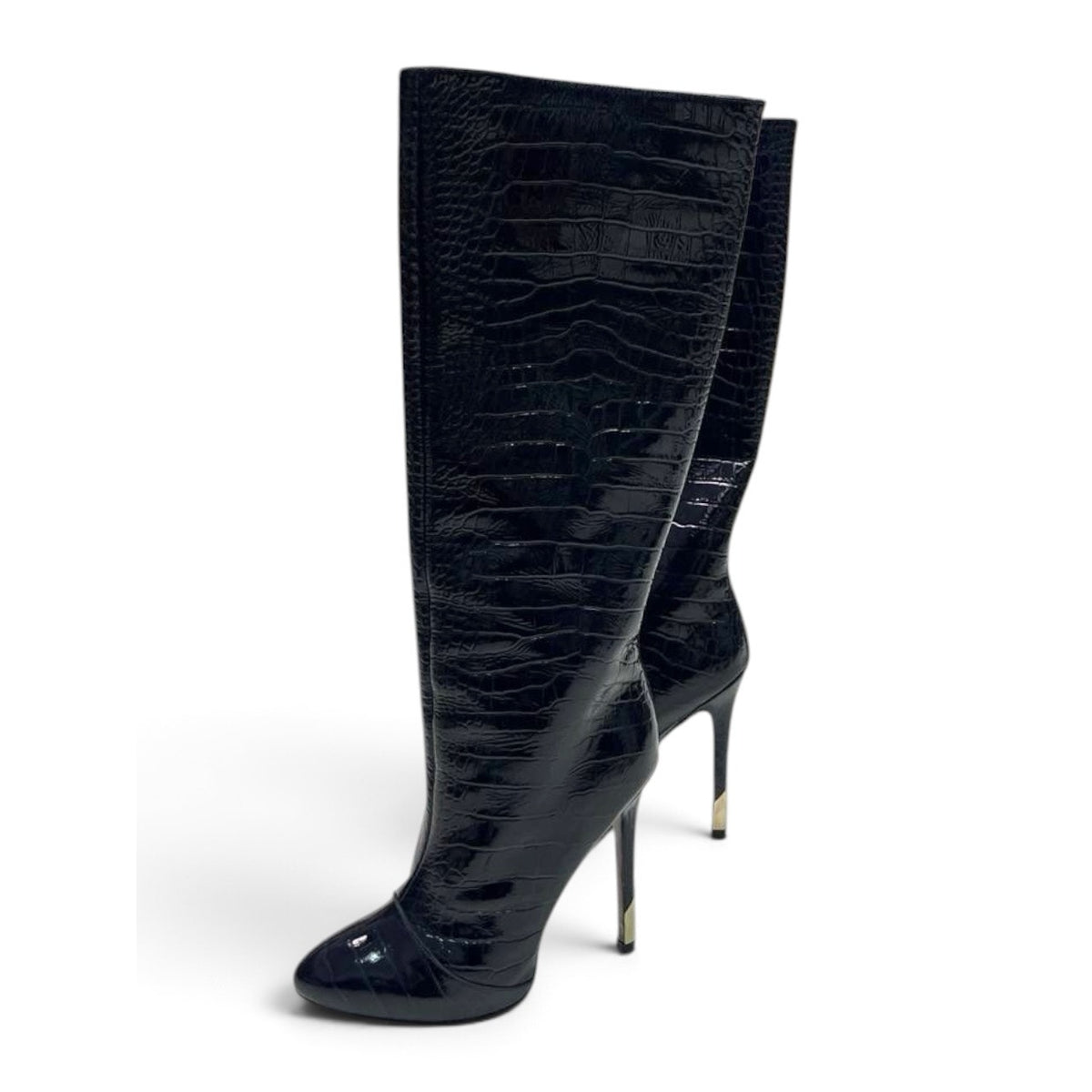 Versace Croc Embossed Patent Leather High Heel Boots